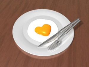 3d date dinner with one yellow heart egg and knife and fork val