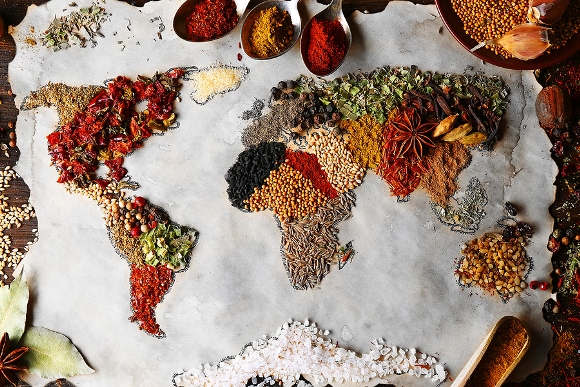 Map of world made from different kinds of spices, close-up